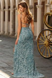Floral Grey Green Sparkly Spaghetti Straps Beaded Maxi Prom Dress with Slit