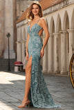 Floral Grey Green Sparkly Spaghetti Straps Beaded Maxi Prom Dress with Slit