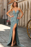 Floral Grey Green Sparkly Spaghetti Straps Beaded Maxi Prom Dress with Slit