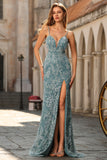 Floral Grey Green Sparkly Spaghetti Straps Beaded Maxi Prom Dress with Slit