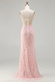 Sparkly Floral Pink Mermaid Long Beaded Prom Dress with Slit