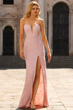Floral Pink Sparkly Spaghetti Straps Beaded Maxi Prom Dress with Slit