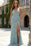 Floral Grey Green Sparkly Spaghetti Straps Beaded Maxi Prom Dress with Slit