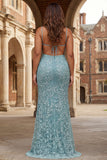 Floral Grey Green Sparkly Spaghetti Straps Beaded Maxi Prom Dress with Slit