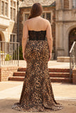 Brown Leopard Print Mermaid Sweetheart Long Prom Dress with Bow