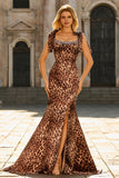 Sparkly Brown Leopard Print Beaded Mermaid Maxi Prom Dress with Bows