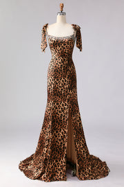 Sparkly Brown Beaded Leopard Print Maxi Prom Dress with Bows