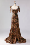 Sparkly Brown Beaded Leopard Print Maxi Prom Dress with Bows