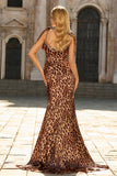 Sparkly Brown Leopard Print Beaded Mermaid Maxi Prom Dress with Bows
