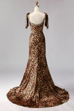 Sparkly Brown Beaded Leopard Print Maxi Prom Dress with Bows