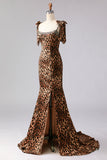 Sparkly Brown Beaded Leopard Print Maxi Prom Dress with Bows