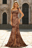 Sparkly Brown Leopard Print Beaded Mermaid Maxi Prom Dress with Bows