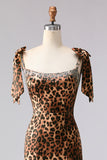Sparkly Brown Beaded Leopard Print Maxi Prom Dress with Bows