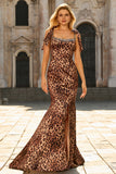 Sparkly Brown Leopard Print Beaded Mermaid Maxi Prom Dress with Bows