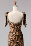 Sparkly Brown Beaded Leopard Print Maxi Prom Dress with Bows