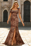 Sparkly Brown Leopard Print Beaded Mermaid Maxi Prom Dress with Bows