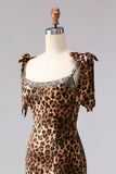 Sparkly Brown Beaded Leopard Print Maxi Prom Dress with Bows
