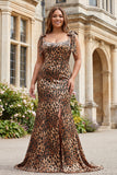 Sparkly Brown Leopard Print Beaded Mermaid Maxi Prom Dress with Bows