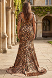 Sparkly Brown Leopard Print Beaded Mermaid Maxi Prom Dress with Bows