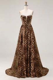 Strapless Brown Leopard Print A Line Long Corset Prom Dress