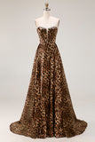 Strapless Brown Leopard Print A Line Long Corset Prom Dress