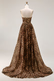 Strapless Brown Leopard Print A Line Long Corset Prom Dress