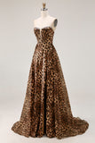Strapless Brown Leopard Print A Line Long Corset Prom Dress
