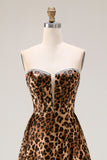 Strapless Brown Leopard Print A Line Long Corset Prom Dress