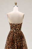 Strapless Brown Leopard Print A Line Long Corset Prom Dress