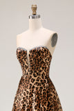 Strapless Brown Leopard Print A Line Long Corset Prom Dress