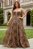 Brown Leopard Print Strapless A Line Long Corset Prom Dress