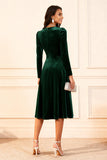 Dark Green Velvet A Line Midi Glitter Holiday Party Dress with Sleeves