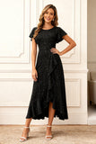 Glitter Black Round Neck Midi Holiday Party Dress with Sleeves