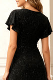 Glitter Black Round Neck Midi Holiday Party Dress with Sleeves
