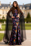 Black Floral Long Sleeves Mermaid Prom Dress with Slit