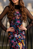 Black Floral Long Sleeves Mermaid Prom Dress with Slit