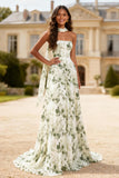Dusty Sage Printed Floral Neck Scarf Maxi Prom Dress