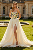 Champagne Strapless Floral A Line Maxi Prom Dress with Slit