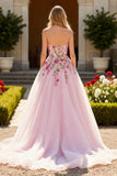 Sparkly Pink Spaghetti Straps Floral A Line Long Prom Dress