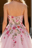 Sparkly Pink Spaghetti Straps Floral A Line Long Prom Dress