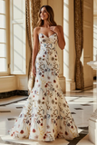 White Mermaid Strapless Long Floral Prom Dress