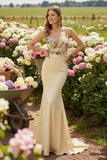 Champagne Spaghetti Straps Mermaid Floral Long Prom Dress