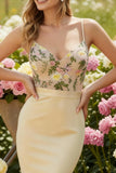 Champagne Spaghetti Straps Mermaid Floral Long Prom Dress