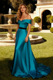 Peacock Blue Off the Shoulder A Line Satin Long Prom Dress