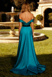 Peacock Blue Off the Shoulder A Line Satin Long Prom Dress