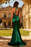 Dark Green High Neck Satin Mermaid Sleeveless Long Prom Dress
