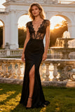 Black Mermaid V Neck Corset Cap Sleeves Long Prom Dress with Slit