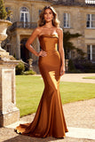 Burnt Orange Satin Mermaid Strapless Maxi Prom Dress