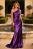 Purple Satin Mermaid One Shoulder Long Prom Dress with Sash