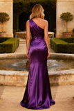 Purple Satin Mermaid One Shoulder Long Prom Dress with Sash